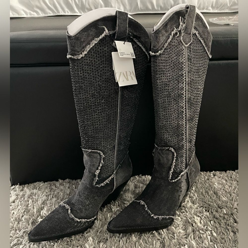 NWT Zara Rhinestone Denim Cowboy Boots - Picture 2 of 12